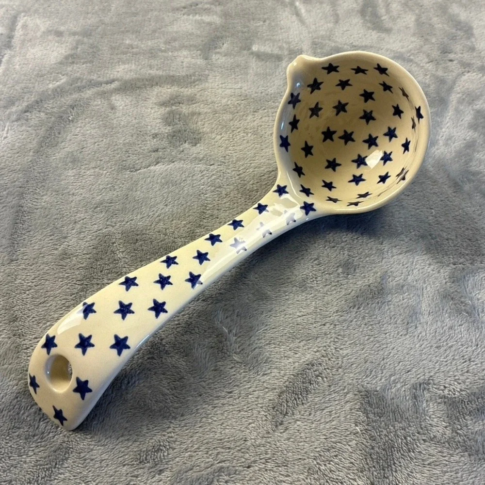 Poland Hand Made Polish Pottery Ladle Blue Rose Pattern Pour Spout 9.5in